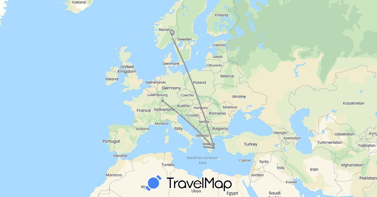 TravelMap itinerary: driving, plane in France, Greece, Norway (Europe)